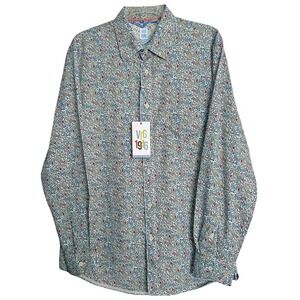 Vintage 1946 Men's Large Floral Button-Up Shirt Long Sleeve Contrast Cuffs NWT